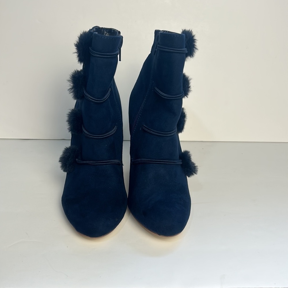 JustFab Isabella Bootie Victorian Inspired Blue Jewel Tone Pompoms Women's 6.5 - Picture 2 of 9